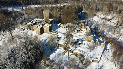 Aerial view of Orlik castle ruins covered with snow at Humpolec city, Vysocina, Czech Republic - obrazy, fototapety, plakaty
