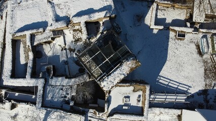 Aerial top view of Orlik castle ruins covered with snow at Humpolec city, Vysocina, Czech Republic