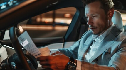 AI-generated illustration of a man looking at a document in the driver's seat of a car