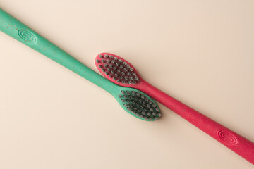 Oral hygiene concept. Colored toothbrushes