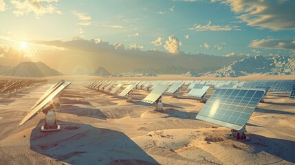 A pristine desert landscape dotted with solar concentrators, harnessing the intense sunlight to...