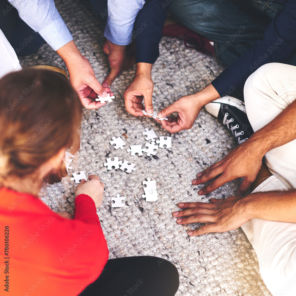 Poster business, people and group with puzzle on floor for team building, common goal and problem solving i