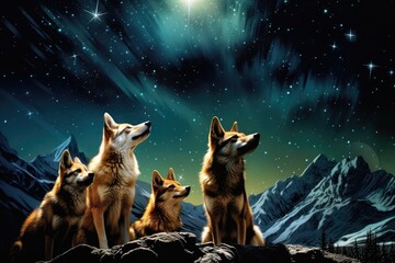 Coyotes howling under a night sky illuminated with stars and lights.