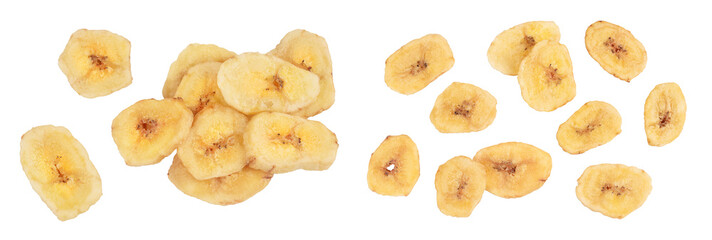 Dried banana chips isolated on white background with full depth of field. Top view. Flat lay