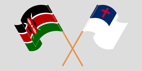Crossed and waving flags of Kenya and christianity