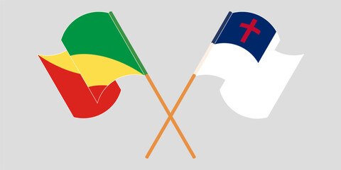 Crossed and waving flags of Republic of the Congo and christianity