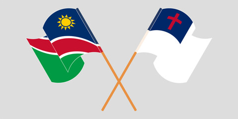 Crossed and waving flags of Namibia and christianity.
