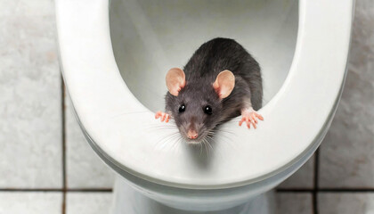 Extreme close-up of a rat coming out of the toilet bowl and looking at camera. Rodent problem in the canalization system, unsanitary concept and pest control concept. Generative Ai.