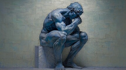 an artistic painting depicts the thinker sitting on a block - obrazy, fototapety, plakaty