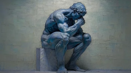 Tuinposter an artistic painting depicts the thinker sitting on a block © Wirestock