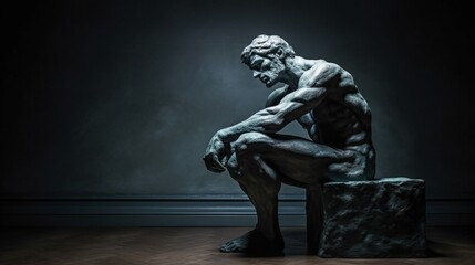 a bronze statue of a seated man, crouched down against a dark background - obrazy, fototapety, plakaty