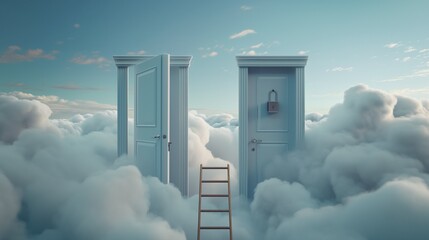 two door in the clouds above a ladder and a door leading up - obrazy, fototapety, plakaty
