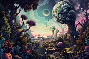 an animated fantasy landscape at dusk with two alien beings in the distance