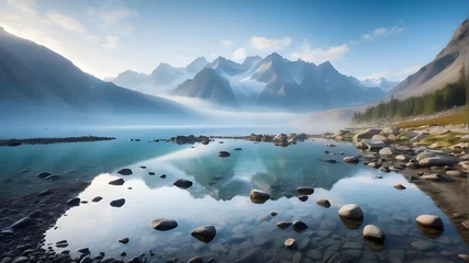 Gordijnen A misty morning view of a lake featuring mountains, glaciers, and reflections © Ashan