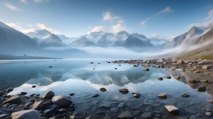 A misty morning view of a lake featuring mountains, glaciers, and reflections - obrazy, fototapety, plakaty
