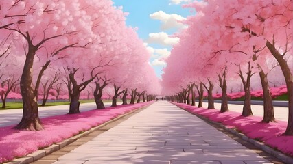 Cherry blossom lane in Sakura. Beautiful park with rows of cherry blossom trees in full bloom in the spring. Cherry tree pink blooms. artificial intelligence digital art