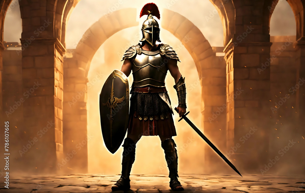 Wall mural one Medieval roman warrior standing in front wearing military uniform with shield, sword on arch background. greek soldier against antique building. roman empire. iron helmet.