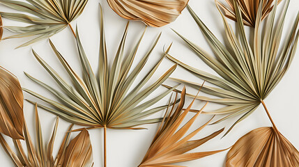 Dry tropical exotic palm leaves on white background. Flat lay, top view minimalist floral pattern aesthetic composition.