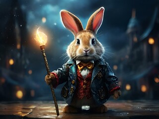 AI generated illustration of a rabbit in Victorian attire with a wand and bottle - obrazy, fototapety, plakaty
