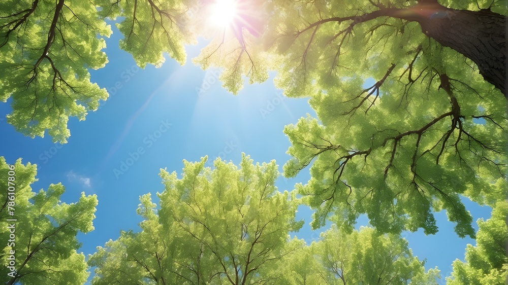 Poster a backdrop of a crisp spring or summer sky with bright sunlight filtering through the trees.