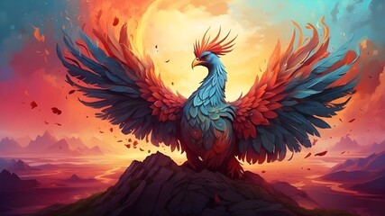 Imaginary landscape featuring a mystical Phoenix bird. wonderful beautiful illustration. digital artwork. - obrazy, fototapety, plakaty