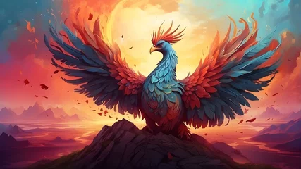 Poster Imaginary landscape featuring a mystical Phoenix bird. wonderful beautiful illustration. digital artwork. © Ashan