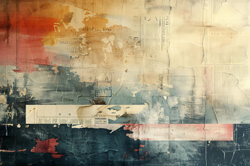 AI generated illustration of an abstract mixed media collage with newspapers and paint splotches
