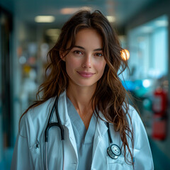 Portrait of young female doctor with stethoscope at hospital corridor.