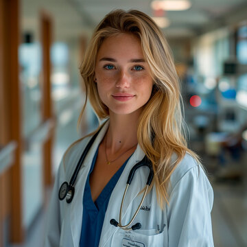 a woman in a white coat with a stethoscope on her neck