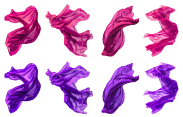 2 Collection set of magenta purple pink silk satin cloth fabric floating flying in the air on transparent background cutout, PNG file. Mockup template for artwork graphic design