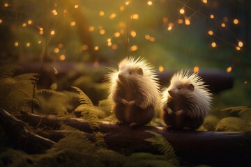 Porcupines exploring a forest floor covered in soft lights. - obrazy, fototapety, plakaty