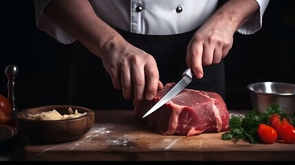 a chef cutting up food on a wooden board with a knife