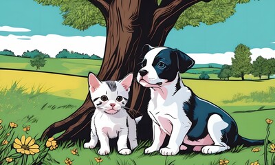 wallpaper for children, representing a little cat and a puppy. Pop art style