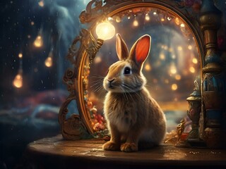 AI generated illustration of a rabbit gazes into a mirror on a table at night