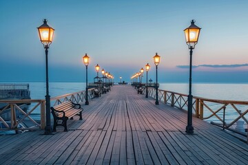 Empty Wooden Jetty With Benches and Street Lights During Early Morning