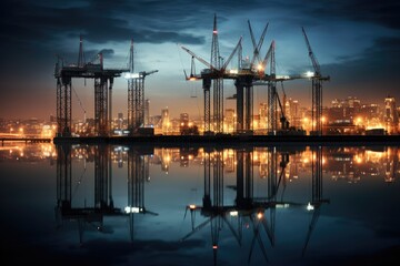Cranes wading through water with reflections of city lights.