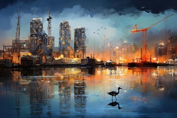 Cranes wading through water with reflections of city lights. - obrazy, fototapety, plakaty