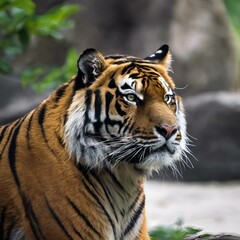 AI generated illustration of a tiger peacefully rests in grass by trees and rocks