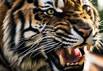 AI generated illustration of a close-up of a fierce tiger baring its teeth with mouth wide open