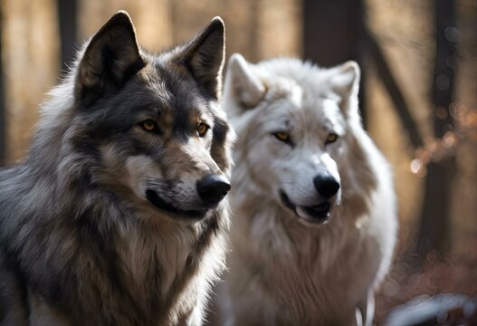 AI generated illustration of grey wolves standing in front of a cluster of trees