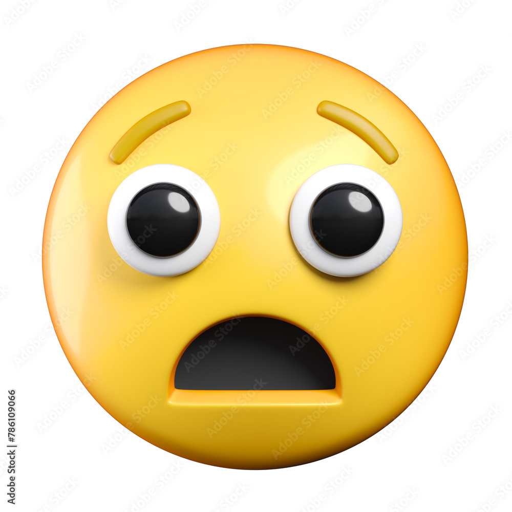 Sticker anguished face emoji, a face with an open frown, and raised eyebrows, emoticon 3d rendering