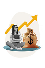 Vertical banner collage of young girl business investor startup owner hold documents look crypto graph growth isolated on beige background