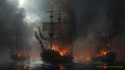 AI generated illustration of a dramatic maritime scene featuring a galleon engulfed in flames - obrazy, fototapety, plakaty