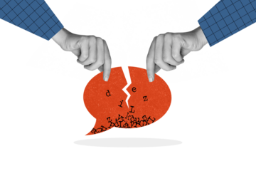 Template poster banner collage of two people crash paper speech bubble conversation interaction problem symbol