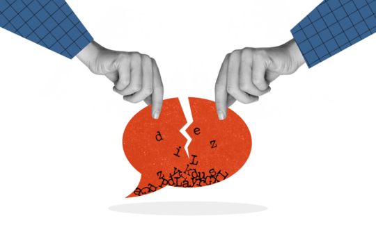 Template poster banner collage of two people crash paper speech bubble conversation interaction problem symbol