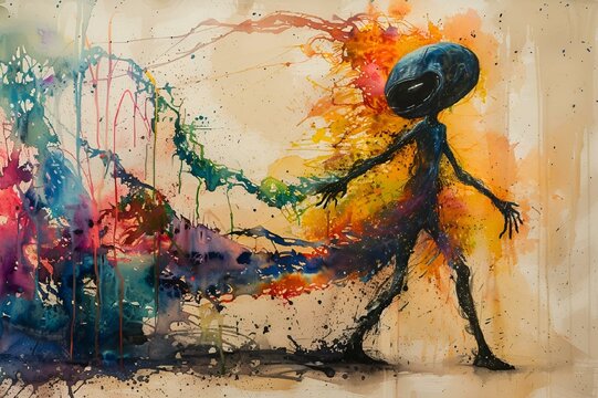 AI generated illustration of colorful paint splashes surround an extraterrestrial figure