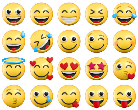 Set of emojis with various expresions, emoticons collection isolated from the background 3d rendering