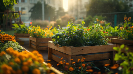 An urban garden with a variety of plants and flowers, including some orange flowers. The garden is well maintained and has a calm and serene atmosphere. Sustainable gastronomy concept