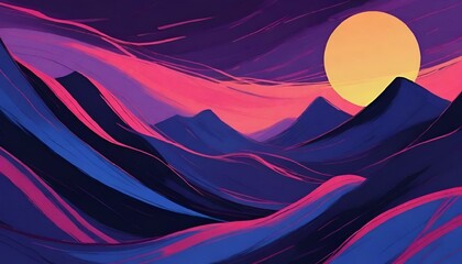 AI generated illustration of a scenic sunset over mountains with moon in the background