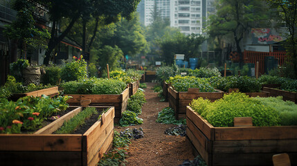 A row of flower beds with a path between them. The garden beds are filled with various plants and flowers. Sustainable gastronomy urban garden concept